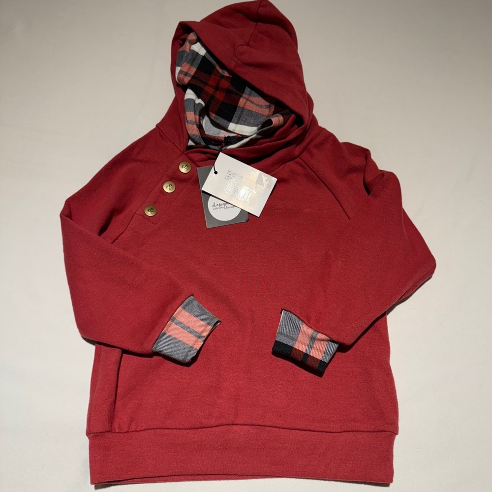 AMPERSAND AVE Red Hoodie with Plaid Lining 3T NWT
